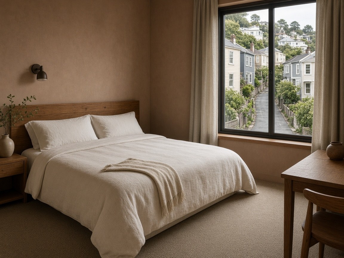 Hotel bedroom with clay-toned walls and a hillside window at Entrychoiceflow on Barnard Street