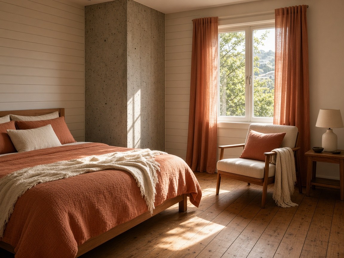Quiet hotel room with clay textiles and timber floor at Entrychoiceflow